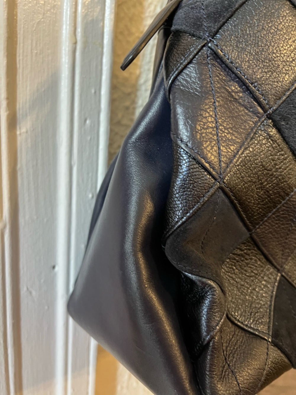 Stunning RARE Coach Morgan Diamond Patchwork Leather & Suede Satchel Bag Navy - Picture 13 of 16